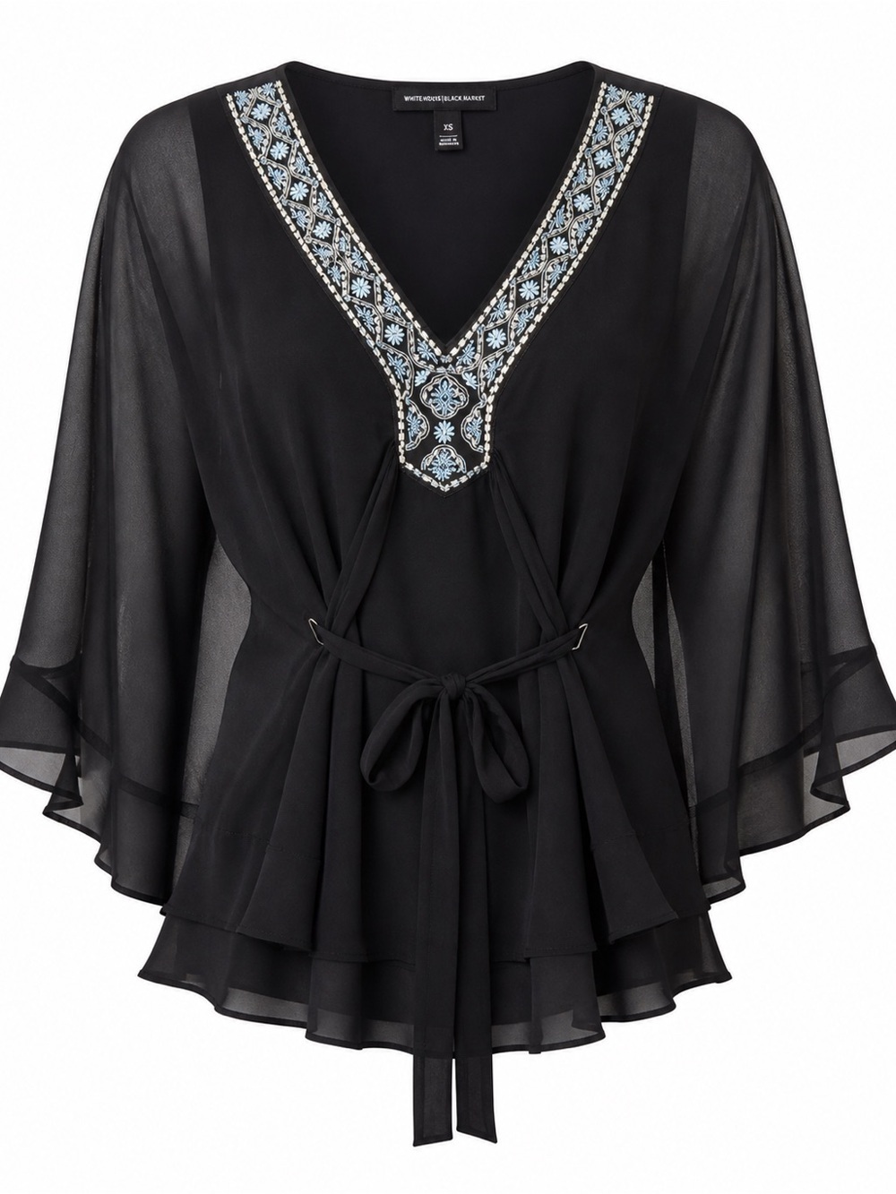 White House Black Market Black Chiffon Embroidered V-Neck Tie-Waist Blouse